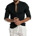 thumbnail image 1 of SWSMCLT Men's Beach Top Long Sleeve Shirts Linen Shirt Cotton Button Down Henley Shirt Solid Casual Holiday Summer Black 3X-Large, 1 of 1