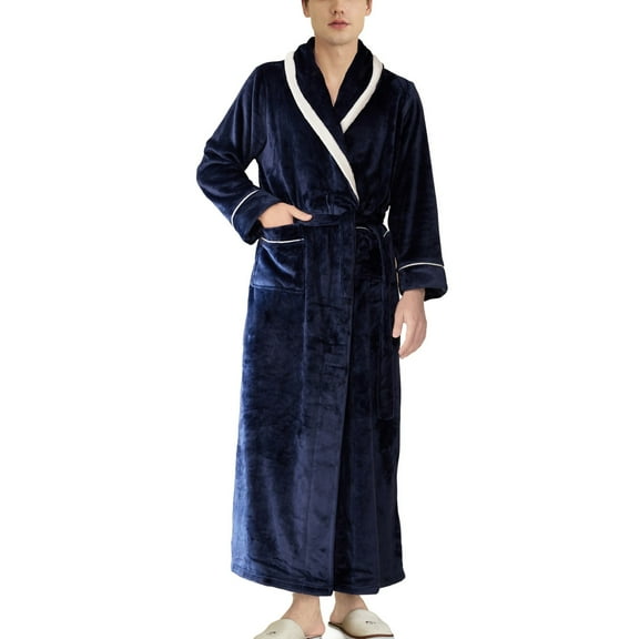 SWSMCLT Men's Belt Fleece Bath Robe Ankle Bathrobe Home Cold Weather Bathrobes Chic Loops Fall Detachable Billowy Navy Small