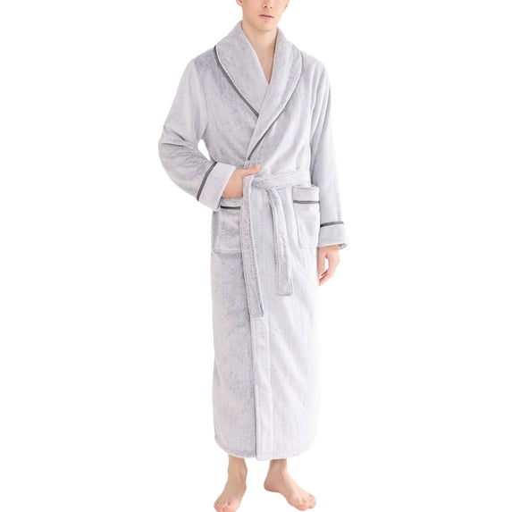 SWSMCLT Men's Belt Fleece Bath Robe Ankle Fall Chic Comfy Detachable Lapel Loungewear Plush Bathrobes Belt Loops Grey Medium-Large