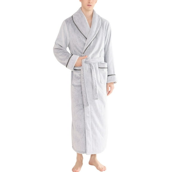 SWSMCLT Men's Belt Fleece Bath Robe Ankle Fall Chic Comfy Detachable Lapel Loungewear Plush Bathrobes Belt Loops Grey Medium-Large