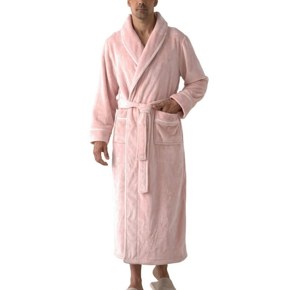 SWSMCLT Men's Belt Fleece Bath Robe Calf Length Comfy Billowy Medium Baggy Loungewear Plush Bathrobes Chic Fall Apricot Medium-Large