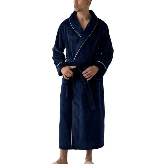 SWSMCLT Men's Belt Fleece Bath Robe Calf Length Comfy Billowy Medium Baggy Loungewear Plush Bathrobes Chic Fall Navy Small