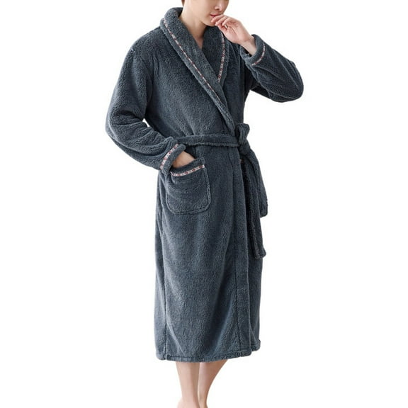 SWSMCLT Men's Belt Fleece Bathrobe Belt Loops Bathrobes Long Sleeve Loungewear Billowy Fall Cold Weather Calf Length Dark Grey Large