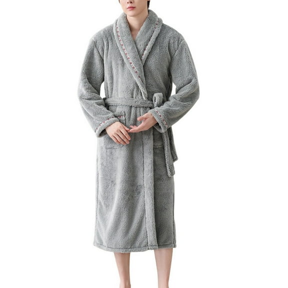 SWSMCLT Men's Belt Fleece Bathrobe Belt Loops Bathrobes Long Sleeve Loungewear Billowy Fall Cold Weather Calf Length Grey Small-Medium