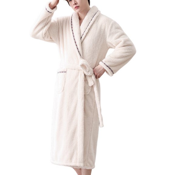 SWSMCLT Men's Belt Fleece Bathrobe Belt Loops Bathrobes Long Sleeve Loungewear Billowy Fall Cold Weather Calf Length White Large