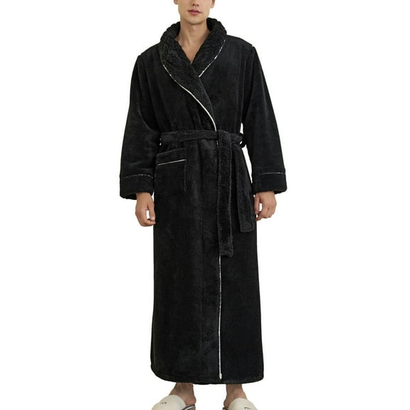 SWSMCLT Men's Billowy Fleece Bathrobe Bathrobes Belt Chic Fall Chunky Lapel Baggy Loungewear Calf Length Plush Black Small