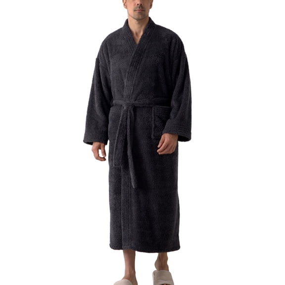 SWSMCLT Men's Billowy Fleece Bathrobe Belt Bath Robe Home Cold Weather Nightwear Chic Calf Length Comfy Long Sleeve Dark Grey Small