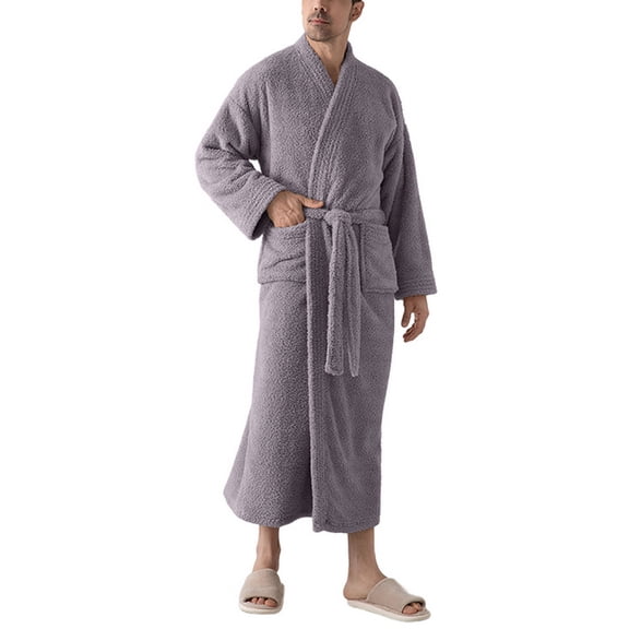 SWSMCLT Men's Billowy Fleece Bathrobe Belt Bath Robe Home Cold Weather Nightwear Chic Calf Length Comfy Long Sleeve Purple Small