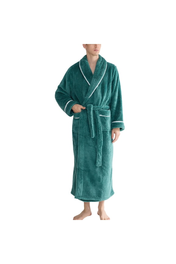 Men's Billowy Fleece Plush Bath Robe Lapel Comfy Patch Pocket Nightwear Chunky Bathrobes Chic Fall Home Green Small