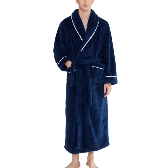 SWSMCLT Men's Billowy Fleece Plush Bath Robe Lapel Comfy Patch Pocket Nightwear Chunky Bathrobes Chic Fall Home Navy Small