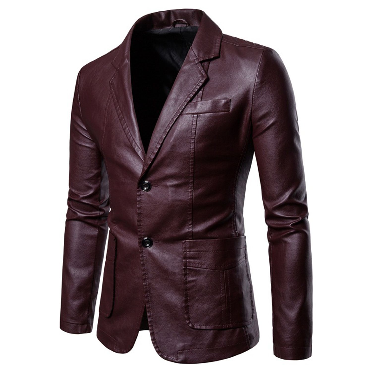 SWSMCLT Men's Blazer Jacket Fall Vintage Moto Biker Long Sleeve Faux Leather Jacket Slim Fit Notch Lapel Motorcycle Jackets Burgundy 50