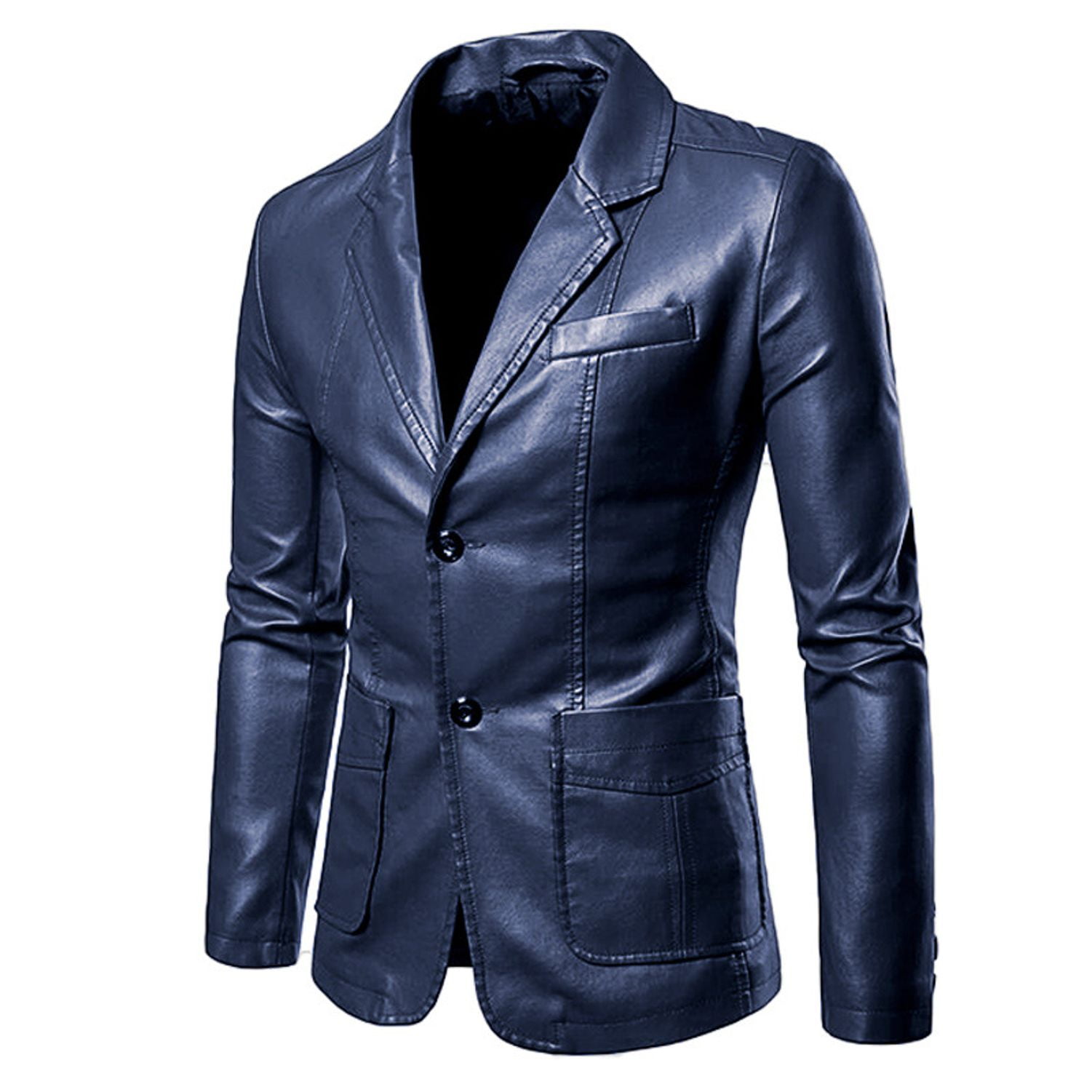 SWSMCLT Men's Blazer Jacket Fall Vintage Moto Biker Long Sleeve Faux Leather Jacket Slim Fit Notch Lapel Motorcycle Jackets Dark Blue 50