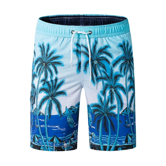 SWSMCLT Men's Boardshorts Summer 100 All Cotton Loose Knee Length Casual Walking Beach Shorts Pockets Tropical Palm Tree Elastic Waist Drawstring Blue Small