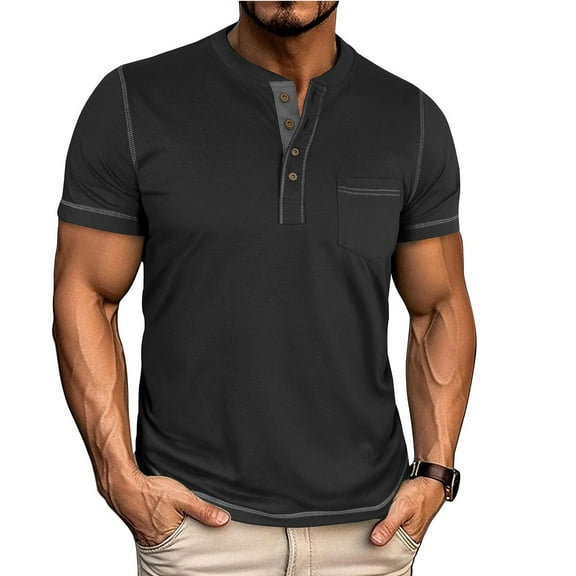 SWSMCLT Men's Breathable Henley Shirt Fall Cotton Loose Button Date Patch Pocket Home Tee Casual T Shirt Comfy Chic Black 3X-Large