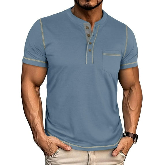SWSMCLT Men's Breathable Henley Shirt Fall Cotton Loose Button Date Patch Pocket Home Tee Casual T Shirt Comfy Chic Blue 3X-Large