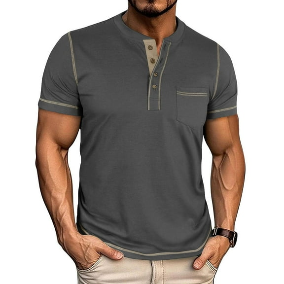 SWSMCLT Men's Breathable Henley Shirt Fall Cotton Loose Button Date Patch Pocket Home Tee Casual T Shirt Comfy Chic Dark Grey Medium