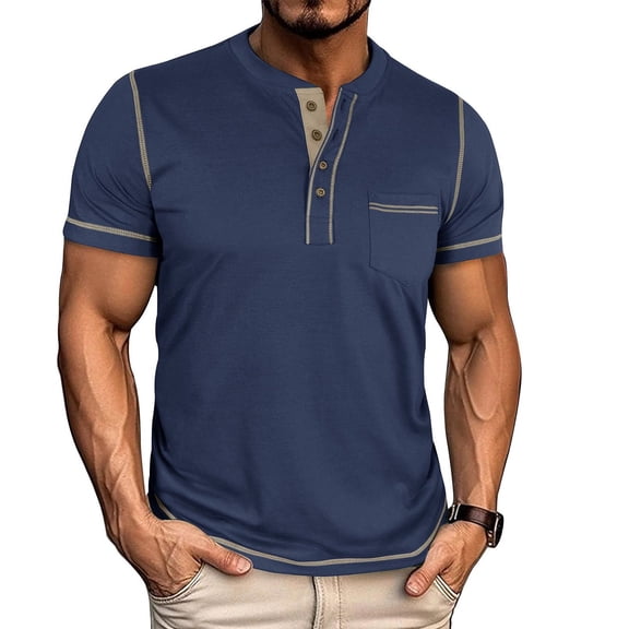SWSMCLT Men's Breathable Henley Shirt Fall Cotton Loose Button Date Patch Pocket Home Tee Casual T Shirt Comfy Chic Royal Blue Large