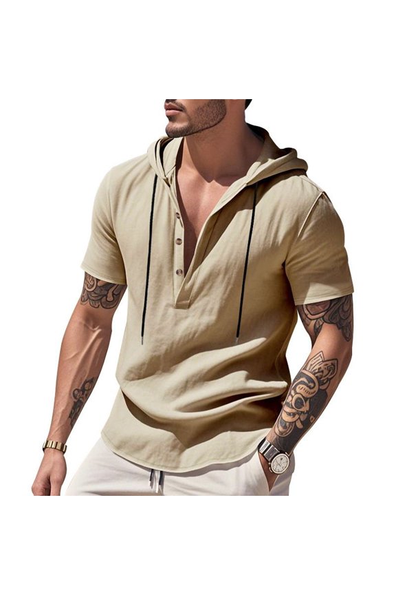 Men's Breathable Shirt Chic Linen Henley Spring Short Sleeve Summer Soft Drawstring Top Tee Casual Button Apricot Large
