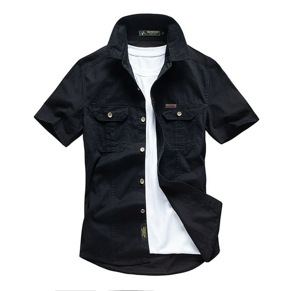 SWSMCLT Men's Button Down Shirt Cotton Short Sleeve Collared Shirt Summer Lightweight Soft Safari Work Shirts Pocket Bush Black 3X-Large