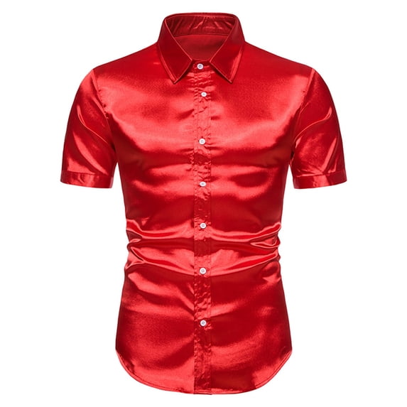 SWSMCLT Men's Button Down Shirt Short Sleeve Summer Casual Cool Button Satin Top Fitted Shirt Soft Fashion Red Small