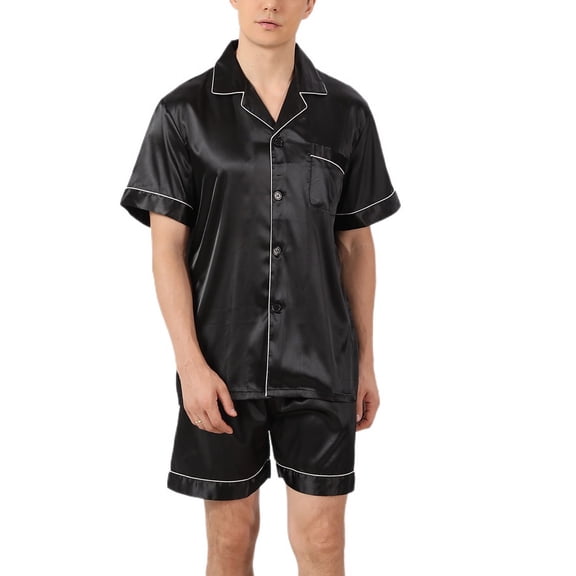 SWSMCLT Men's Button Down Soft Shorts Pj Casual Summer 2 Piece Satin Pajama Set Short Sleeve Lightweight Lounge Set Silky Black White X-Large