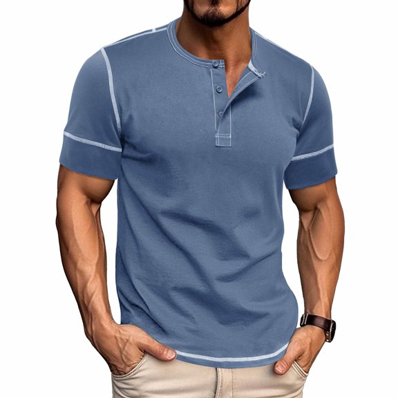 SWSMCLT Men's Button Henley Shirt Pull On Cotton Elasthane Breathable Spring Regular Fit Tee Comfy Shirt Casual Blue 3X-Large