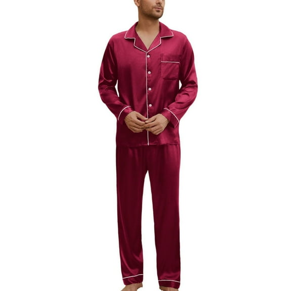 SWSMCLT Men's Button Up Pajama Set Classic Chic Elastic Home Lapel Loungewear Button Front Sleepwear Amaranth Medium