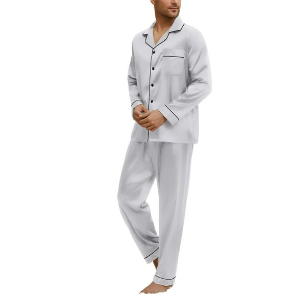 SWSMCLT Men's Button Up Pajama Set Classic Chic Elastic Home Lapel Loungewear Button Front Sleepwear Black Grey Large