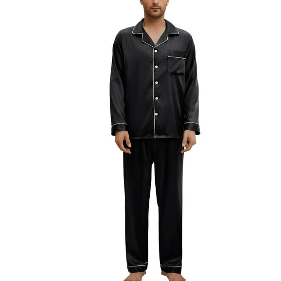 SWSMCLT Men's Button Up Pajama Set Classic Chic Elastic Home Lapel Loungewear Button Front Sleepwear Black Large