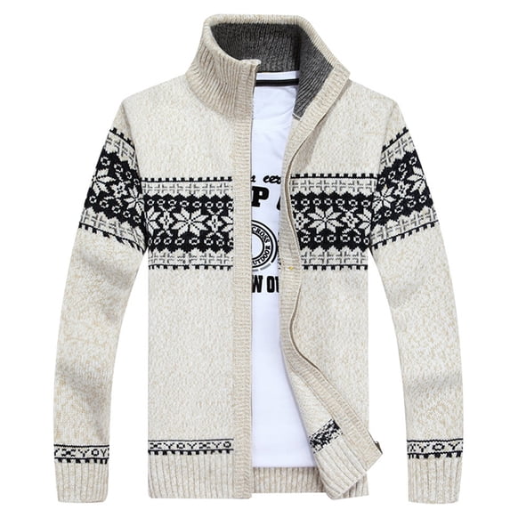 SWSMCLT Men's Cardigan Sweaters Winter Thick Knit Heavy Knitted Norwegian Casual Slim Fit Full Zip Up Fashion Zipper Sweater Jacket Male Sweater Coat Beige White Large