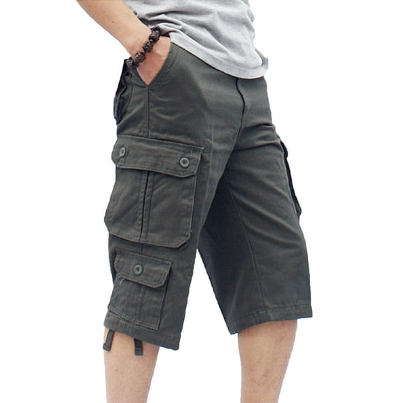 SWSMCLT Men's Cargo Capris Soft Cotton Loose Casual Spandex Mid Rise Button Fly Pocket Gaucho Cropped Pants Army Green 30