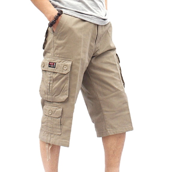 SWSMCLT Men's Cargo Capris Soft Cotton Loose Casual Spandex Mid Rise Button Fly Pocket Gaucho Cropped Pants Cream 44