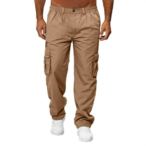 SWSMCLT Men's Cargo Pants Work Utility Trousers Casual Straight Leg Elastic Waist Ankle Casual Polyester Pants Khaki 32