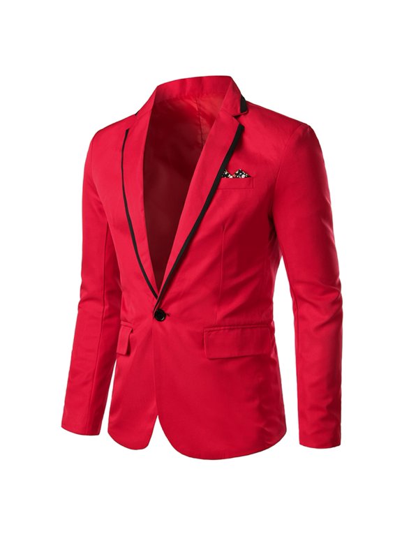 Men's Casual Blazer Jacket Solid Cotton One Button Suit Jacket Flap Pocket Sport Coats & Blazers Long Sleeve Slim Fit Party Notch Lapel Red 38