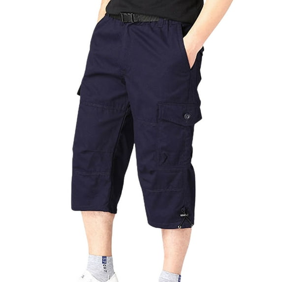 SWSMCLT Men's Casual Pants Soft Capri Cotton Capris Cargo Loose Summer Thin Pocket Mid Rise Cropped Pants Navy 42