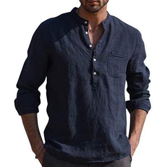 SWSMCLT Men's Casual Top Comfy Cotton Henley Lightweight Summer Linen Button Down Shirt Long Sleeve Outfit Beach Shirts Navy Small