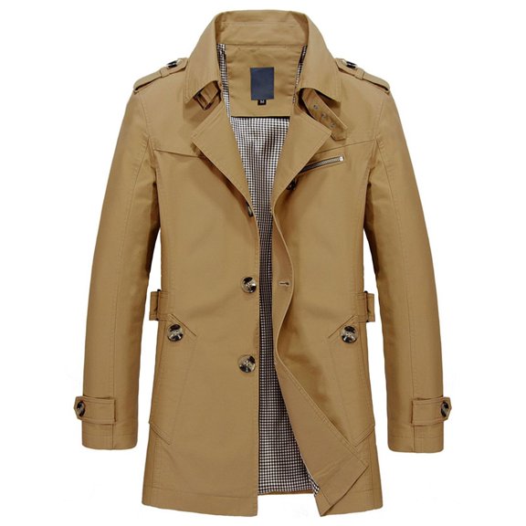 SWSMCLT Men's Classy Trench Coat Long Sleeve Windproof Work Casual Cotton Slim Fit Jacket Lightweight Topcoat Vintage Spring Fall Top Collared Single Breasted Belted Button Down Dark Khaki X-Small