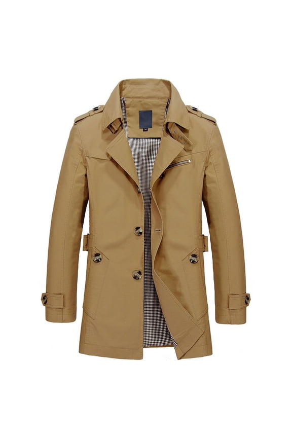 Men's Classy Trench Coat Long Sleeve Windproof Work Casual Cotton Slim Fit Jacket Lightweight Topcoat Vintage Spring Fall Top Collared Single Breasted Belted Button Down Dark Khaki X-Small