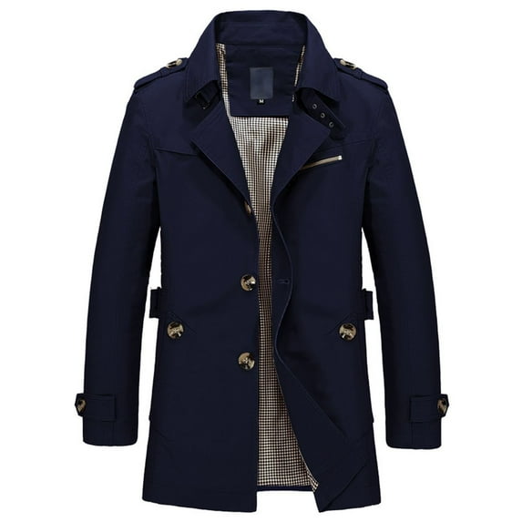 SWSMCLT Men's Classy Trench Coat Long Sleeve Windproof Work Casual Cotton Slim Fit Jacket Lightweight Topcoat Vintage Spring Fall Top Collared Single Breasted Belted Button Down Dark Blue Medium
