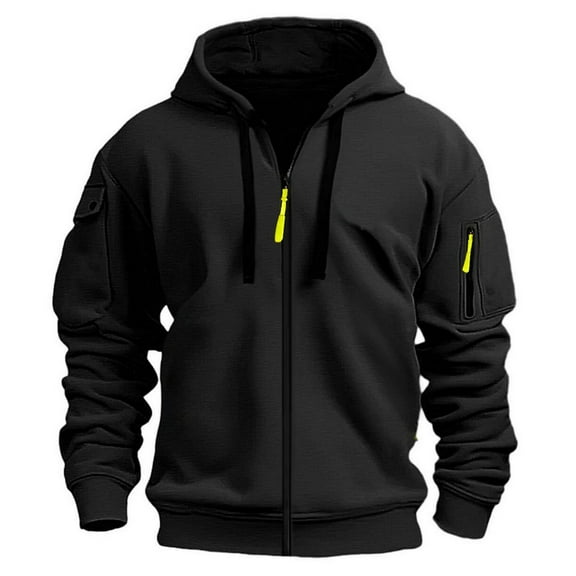 SWSMCLT Men's Comfy Hoodies Coats Flap Pocket Hood Long Sleeve Regular Fit Ribbed Hooded Sweatshirt Full Zip Black Medium