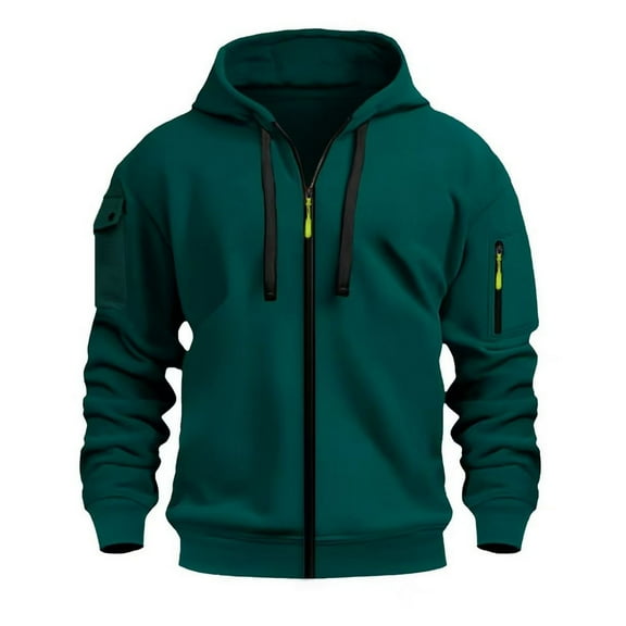 SWSMCLT Men's Comfy Hoodies Coats Flap Pocket Hood Long Sleeve Regular Fit Ribbed Hooded Sweatshirt Full Zip Dark Green XX-Large