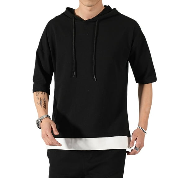SWSMCLT Men's Contrast Color Illusion Layered Loose Fit Cotton Tshirt Side Split Short Sleeve Hoodie Soft Summer Casual Fashion Hooded Top Black Large