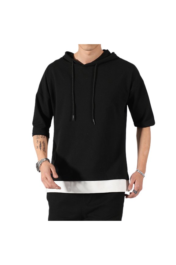 Men's Contrast Color Illusion Layered Loose Fit Cotton Tshirt Side Split Short Sleeve Hoodie Soft Summer Casual Fashion Hooded Top Black Large