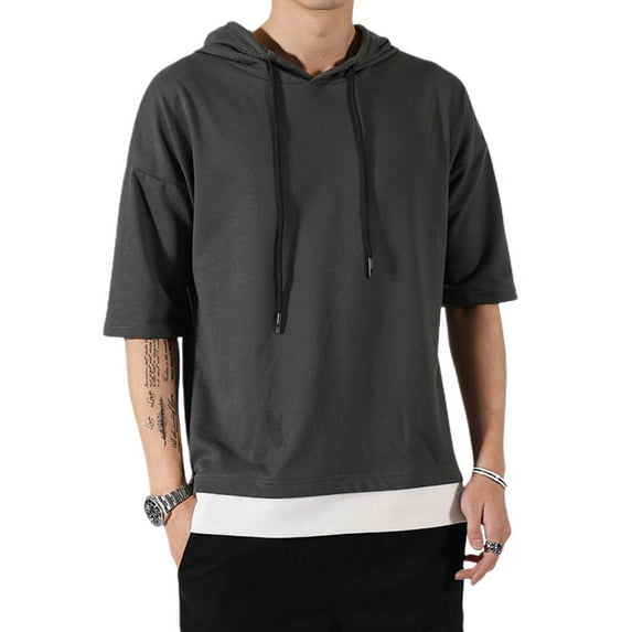 SWSMCLT Men's Contrast Color Illusion Layered Loose Fit Cotton Tshirt Side Split Short Sleeve Hoodie Soft Summer Casual Fashion Hooded Top Dark Grey Medium