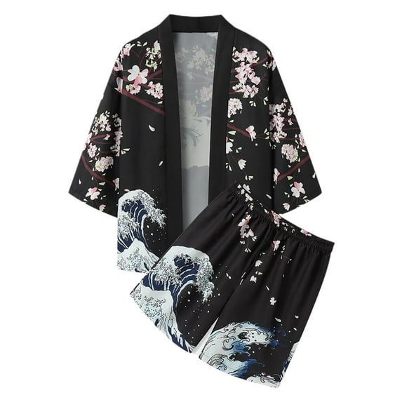SWSMCLT Men's Cotton Bath Robe Set with Shorts Summer Bathrobe Lightweight Pj Set Pajamas Holiday Fall Cool Lounge Spring Patterned5 Large