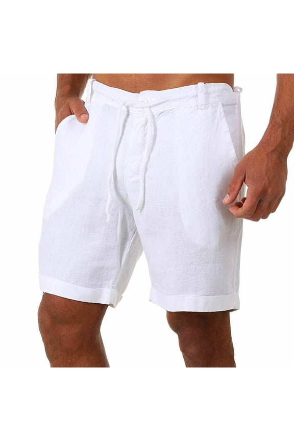 Men's Cotton Beach Drawstring Summer Linen Bermuda Shorts Mid Rise Shorts Mid Thigh Soft Casual Thin White Large