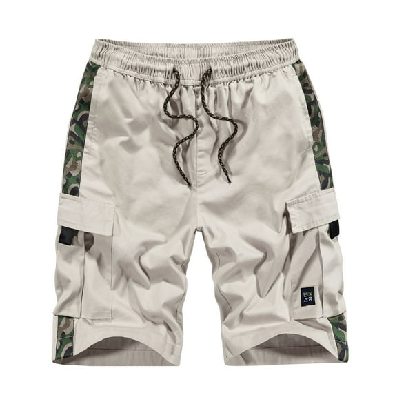 SWSMCLT Men's Cotton Cargo Shorts Camo Mid Rise Straight Fit Summer Camouflage Lightweight Elastic Waist Knee Length Drawstring Flap Pocket Work Utility Casual Shorts Beige Large