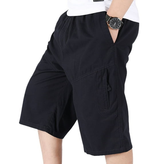 SWSMCLT Men's Cotton Cargo Shorts Summer Knee Length Zipper Pockets Lounge Bermuda Shorts Loose Fit Casual Walk Shorts Elastic Waist Dark Blue 32