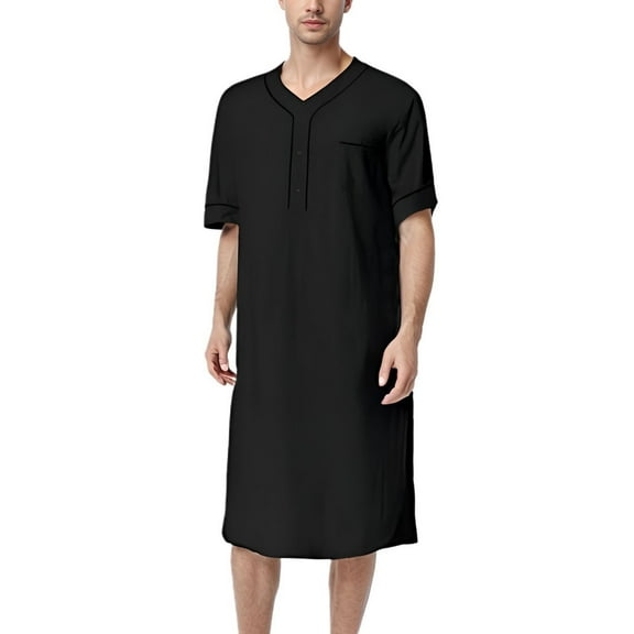 SWSMCLT Men's Cotton House Coat Short Sleeve Robe Sleeping Nightgown Long Loose Baggy Night Gown Soft Knee Length V Neck Black X-Small