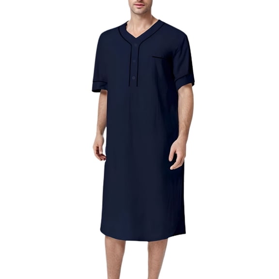 SWSMCLT Men's Cotton House Coat Short Sleeve Robe Sleeping Nightgown Long Loose Baggy Night Gown Soft Knee Length V Neck Navy X-Small